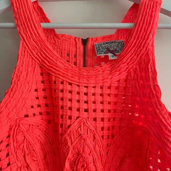 Anthropologie Bright Coral Crochet Detail Fit and Flare Dress | Size 0 - Picture 5 of 8